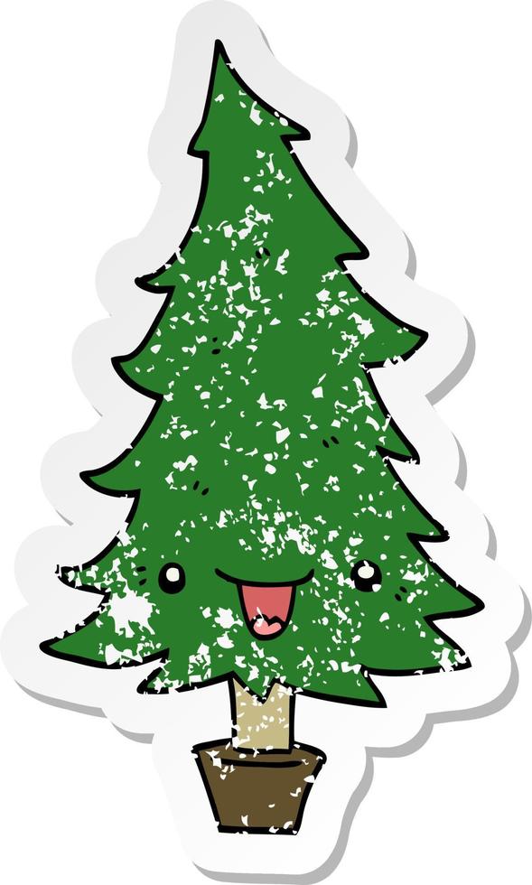 pegatina angustiada de un lindo árbol de navidad de dibujos animados vector