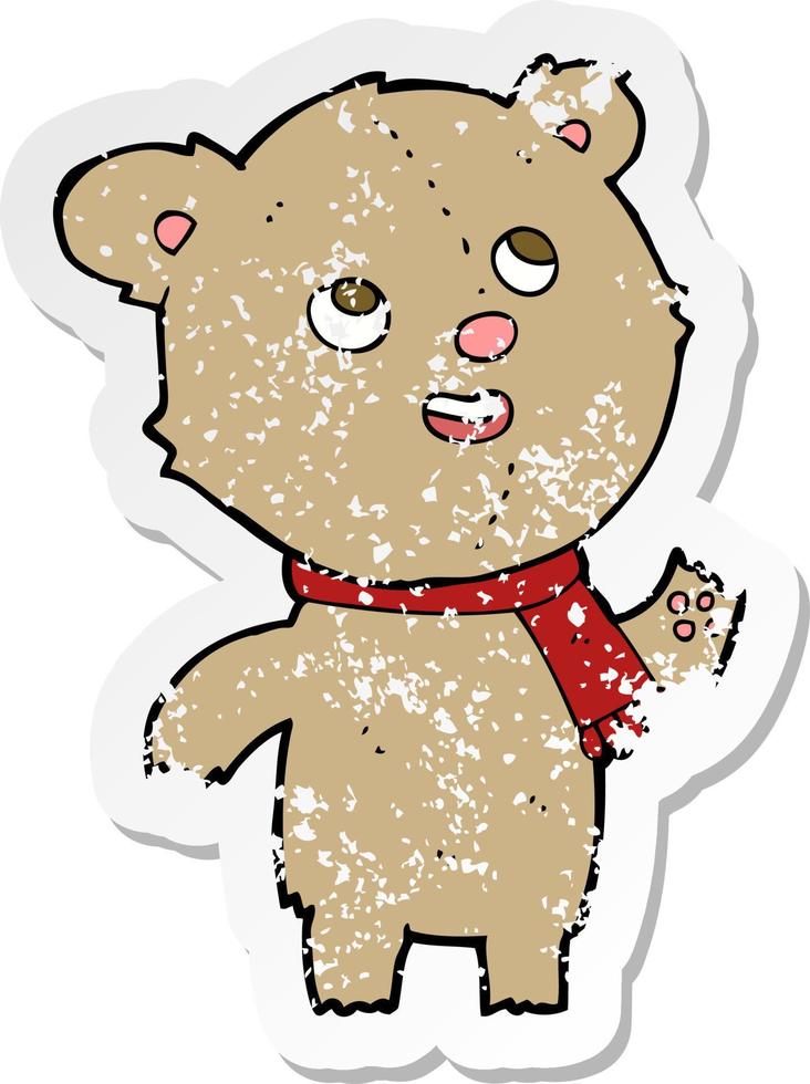 retro distressed sticker of a cartoon teddy bear wearing scarf vector