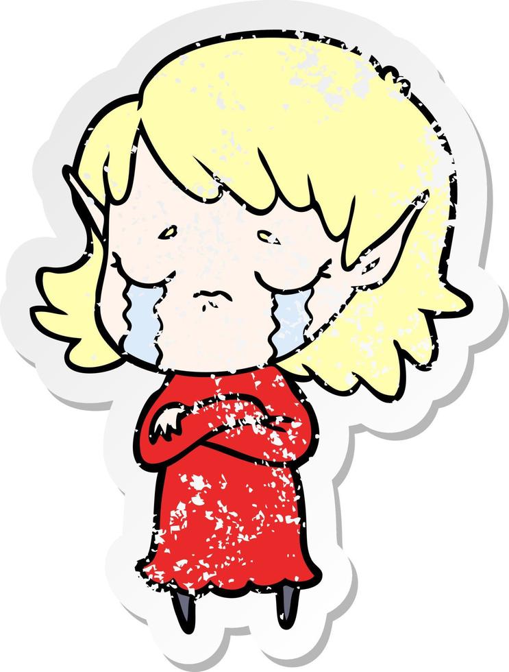 pegatina angustiada de una niña elfa llorando de dibujos animados vector