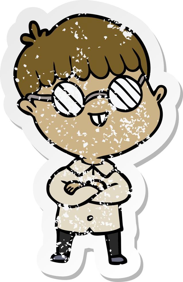 distressed sticker of a cartoon boy wearing spectacles vector