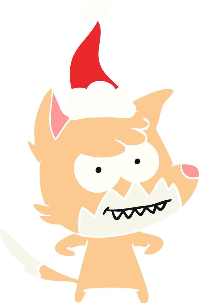 flat color illustration of a grinning fox wearing santa hat vector