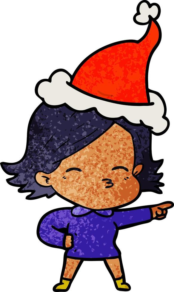 textured cartoon of a woman pointing wearing santa hat vector