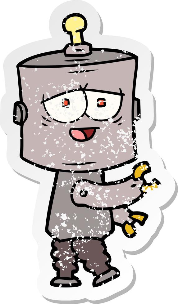 distressed sticker of a cartoon robot vector