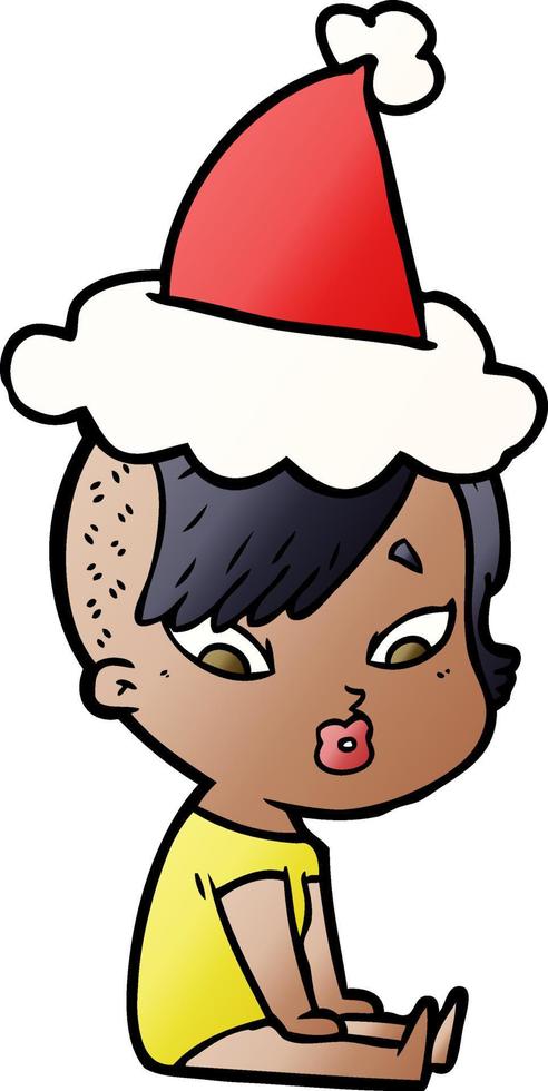 gradient cartoon of a surprised girl wearing santa hat vector