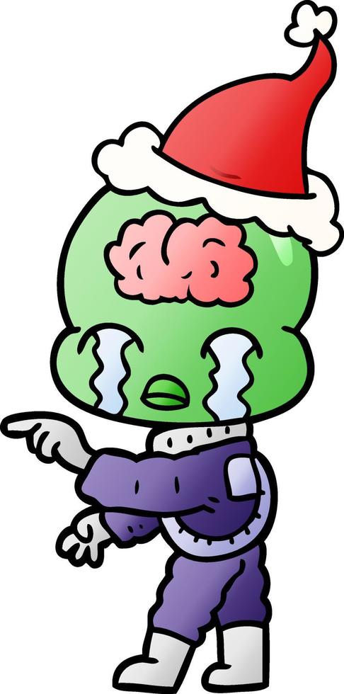 gradient cartoon of a big brain alien crying and pointing wearing santa hat vector