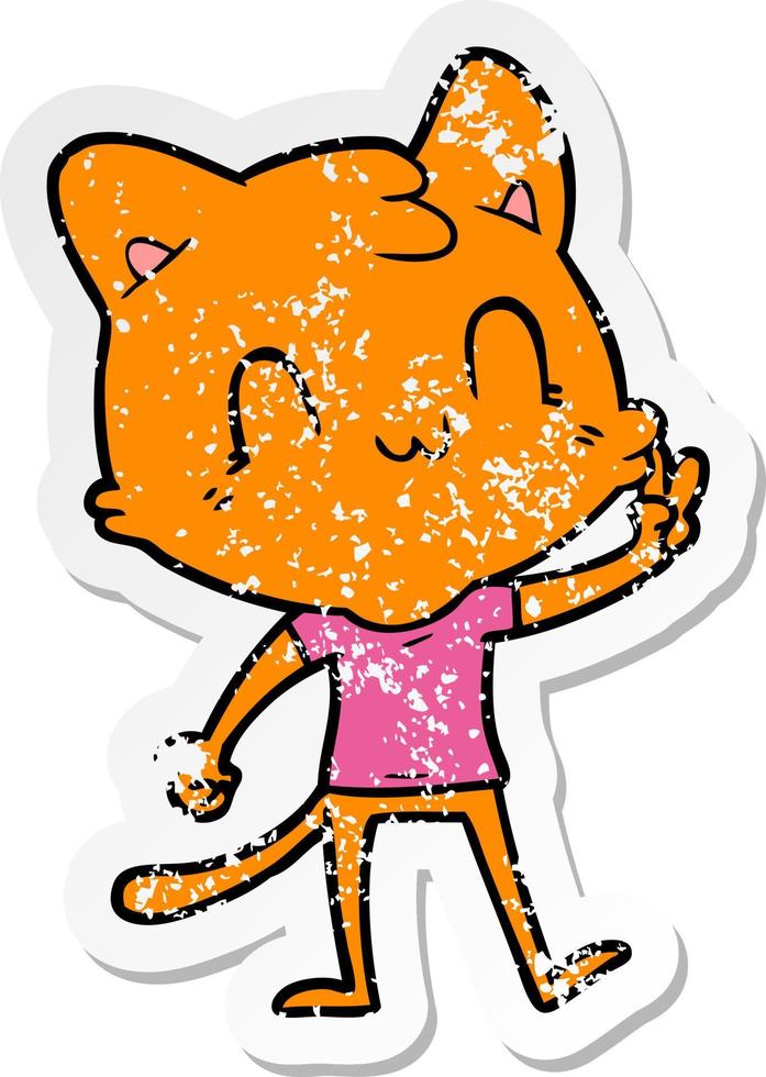 distressed sticker of a cartoon happy cat giving peace sign vector