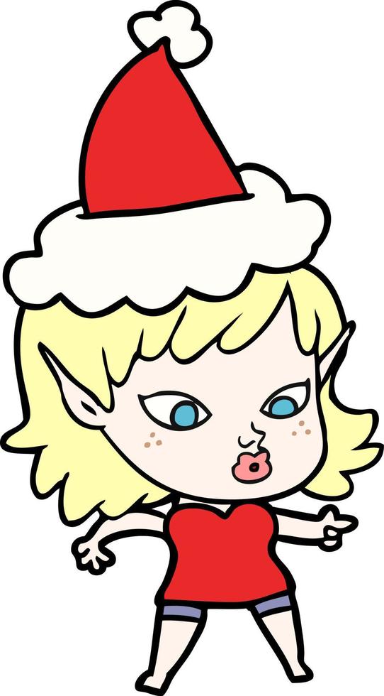 bonito dibujo lineal de una niña elfa con gorro de Papá Noel vector