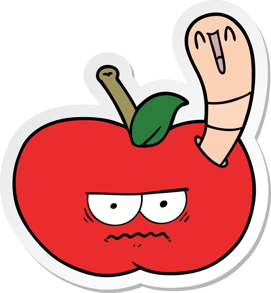 sticker of a cartoon worm eating an angry apple vector