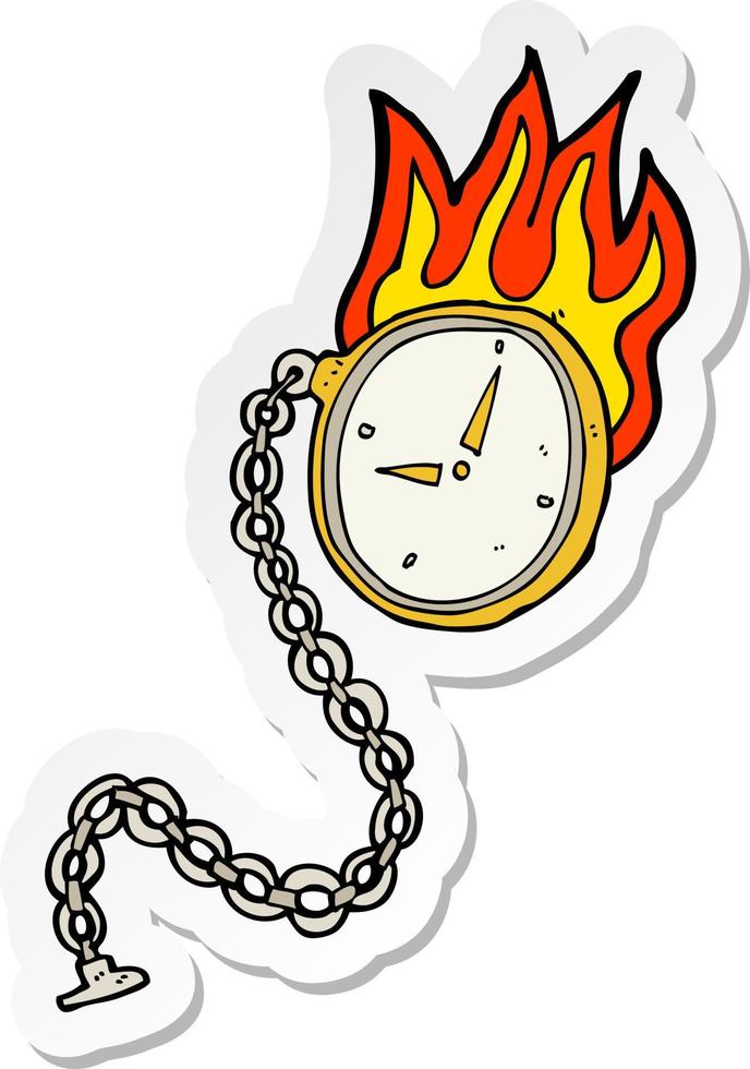 sticker of a cartoon flaming watch vector