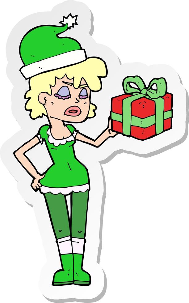 sticker of a santas helper with christmas present vector