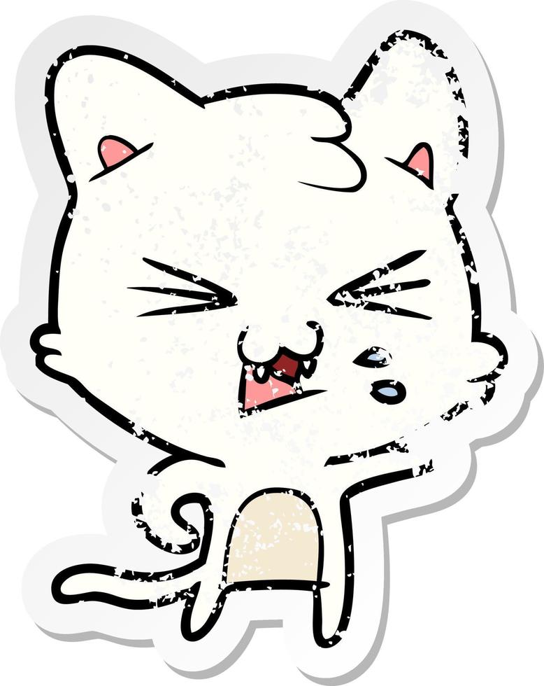 distressed sticker of a cartoon hissing cat vector
