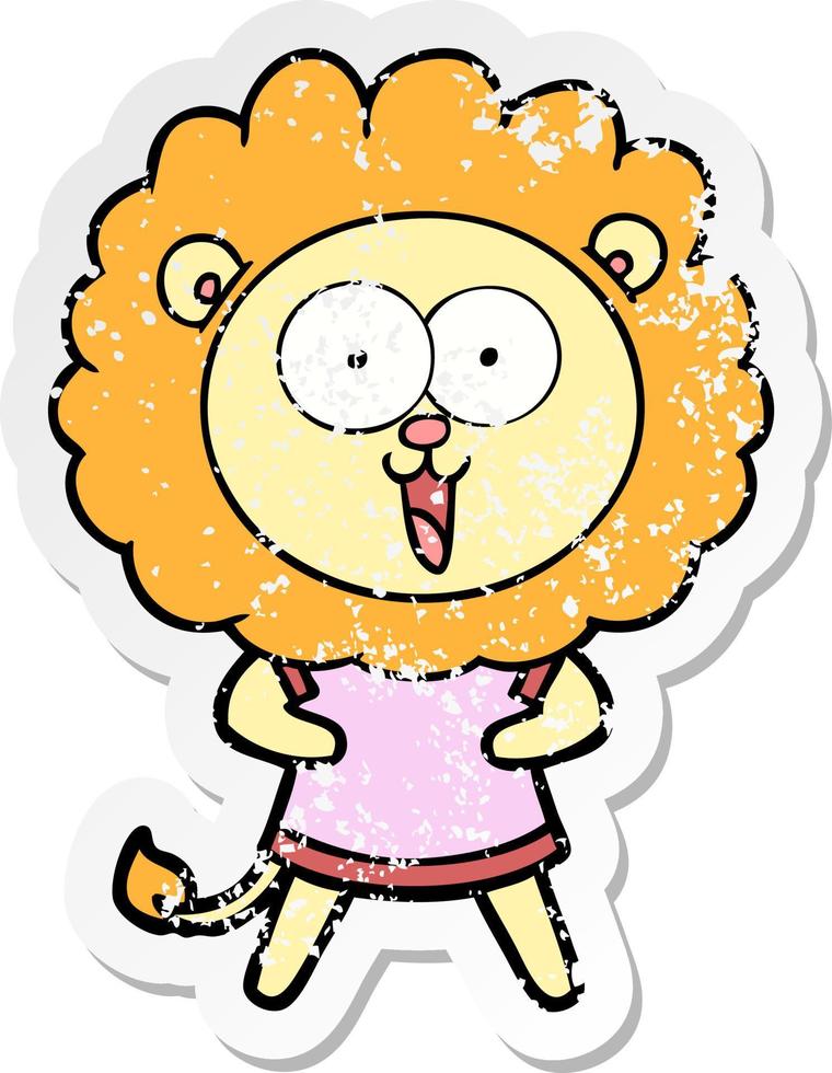 distressed sticker of a happy cartoon lion vector