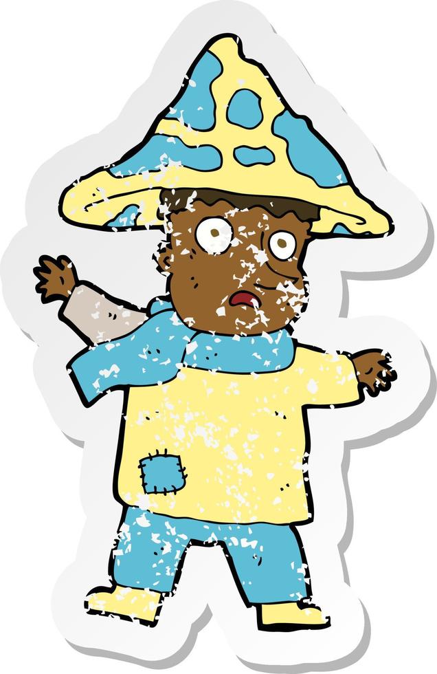 retro distressed sticker of a cartoon magical mushroom man vector