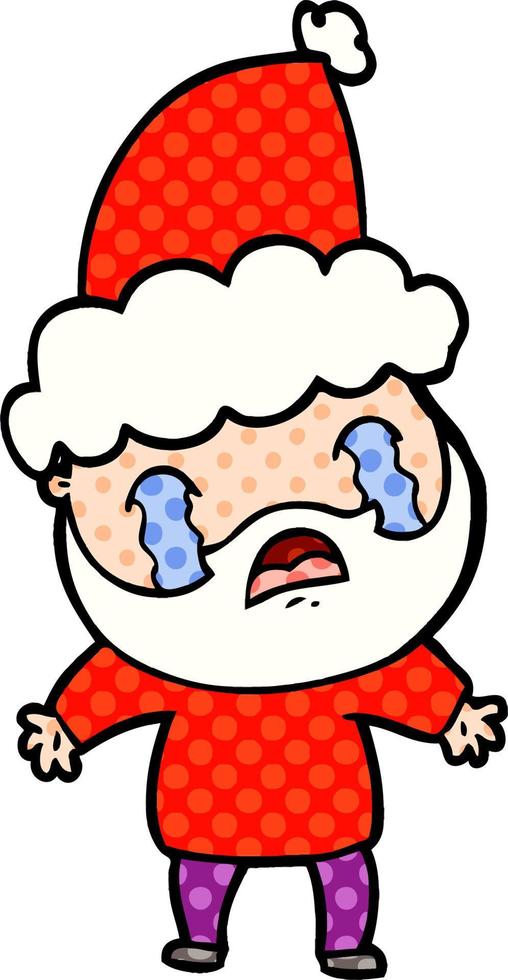 comic book style illustration of a bearded man crying wearing santa hat vector