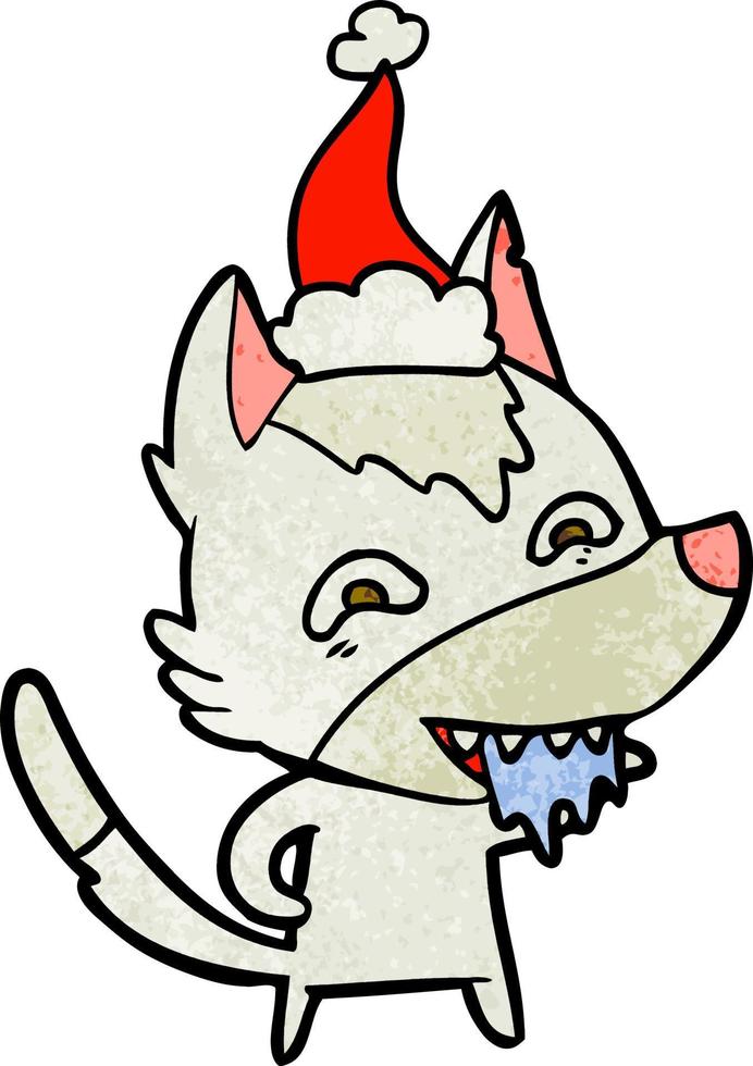 textured cartoon of a hungry wolf wearing santa hat vector