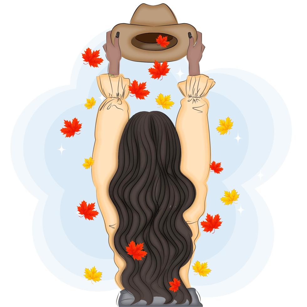 chica con sombrero y hojas de otoño, moda, ilustración vectorial vector