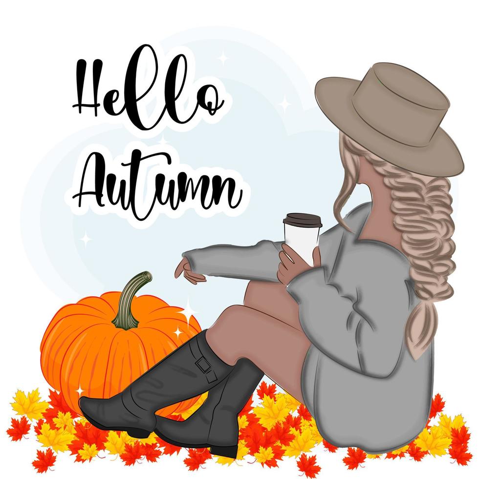 Hello Autumn, blonde with coffee, back, pumpkins, vector illustration, print