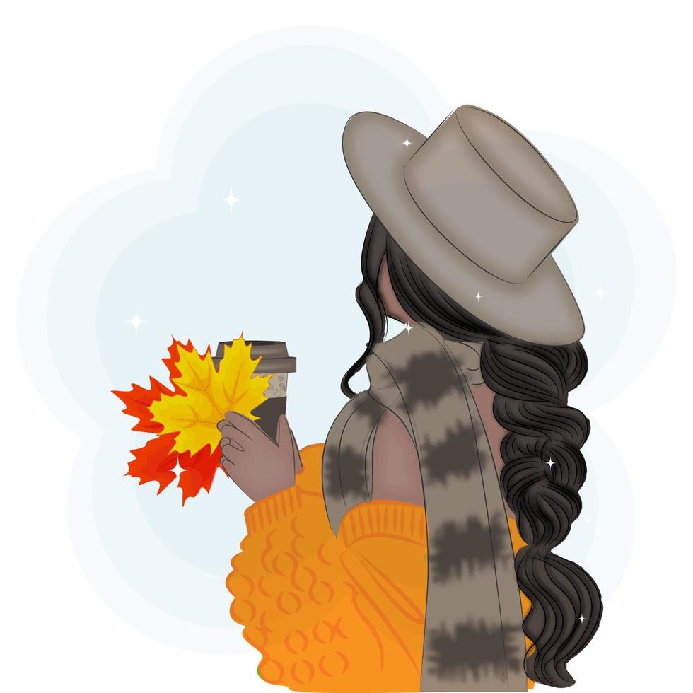 chica en un sombrero con hojas de otoño y café, moda, ilustración vectorial vector