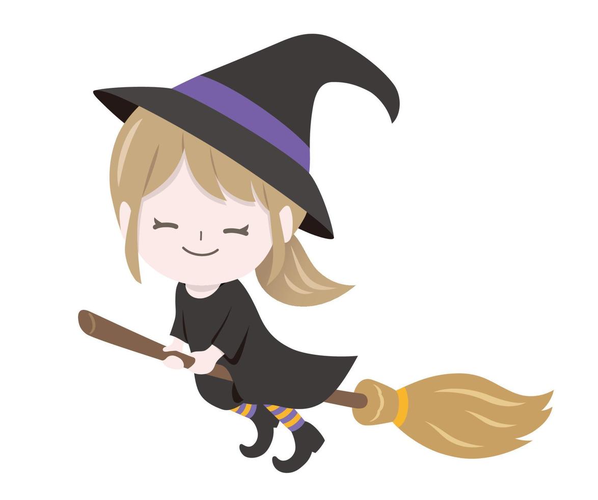 Cute Witch Flying On Magic Brooms Isolated On A White Background. Vector Halloween Illustration.