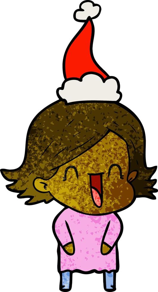textured cartoon of a laughing woman wearing santa hat vector