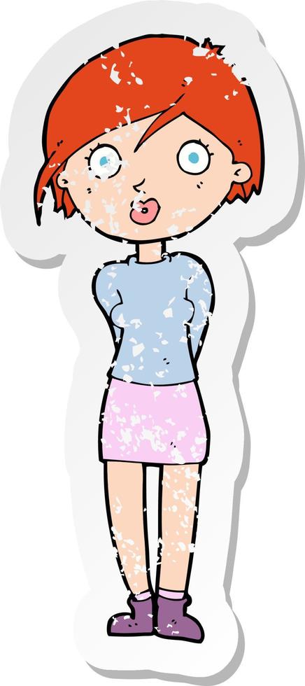 retro distressed sticker of a cartoon surprised girl vector