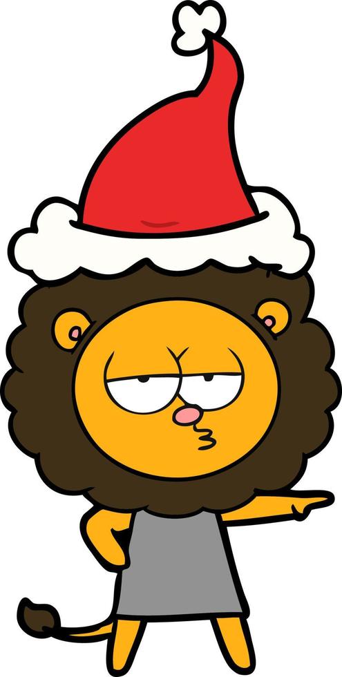 line drawing of a bored lion wearing santa hat vector