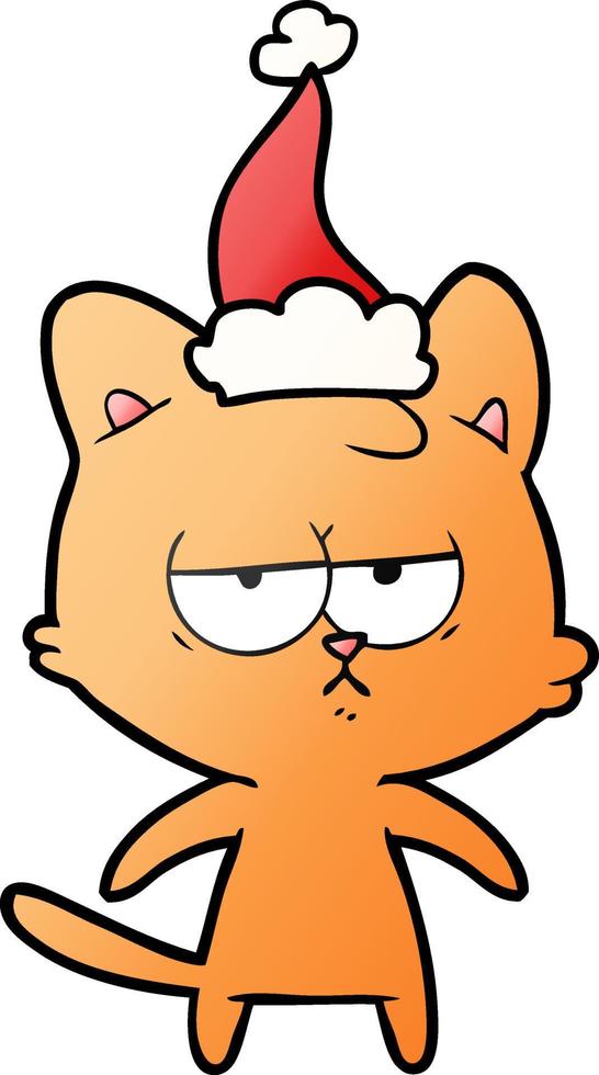 bored gradient cartoon of a cat wearing santa hat vector