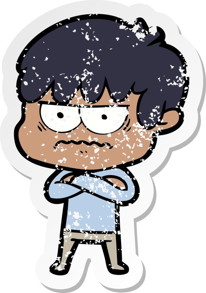 distressed sticker of a annoyed cartoon boy vector