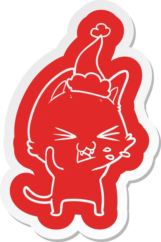 pegatina de dibujos animados de un gato silbando con sombrero de santa vector