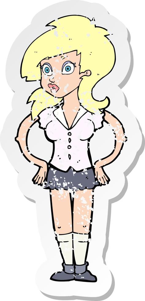 retro distressed sticker of a cartoon pretty woman vector
