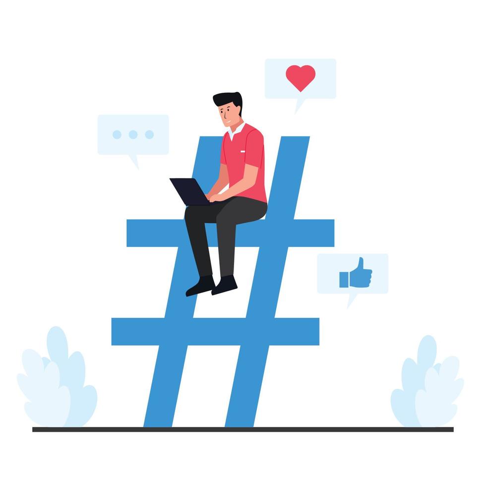 Man sit on the large hash tag symbol holding the phone. vector