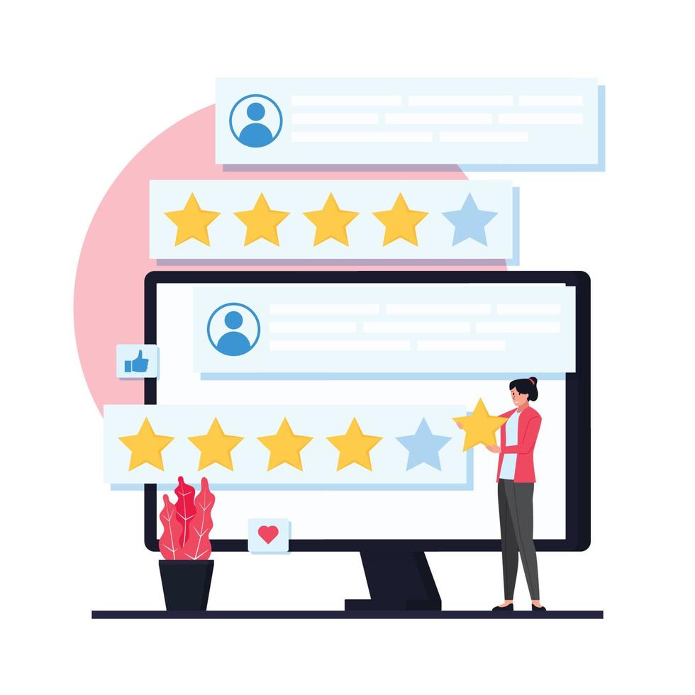 A woman put star on the monitor for customer survey. vector