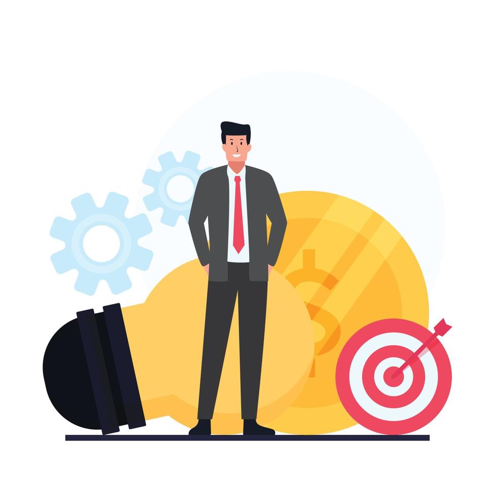 Businessman stand in front of bulb, coin and target. vector