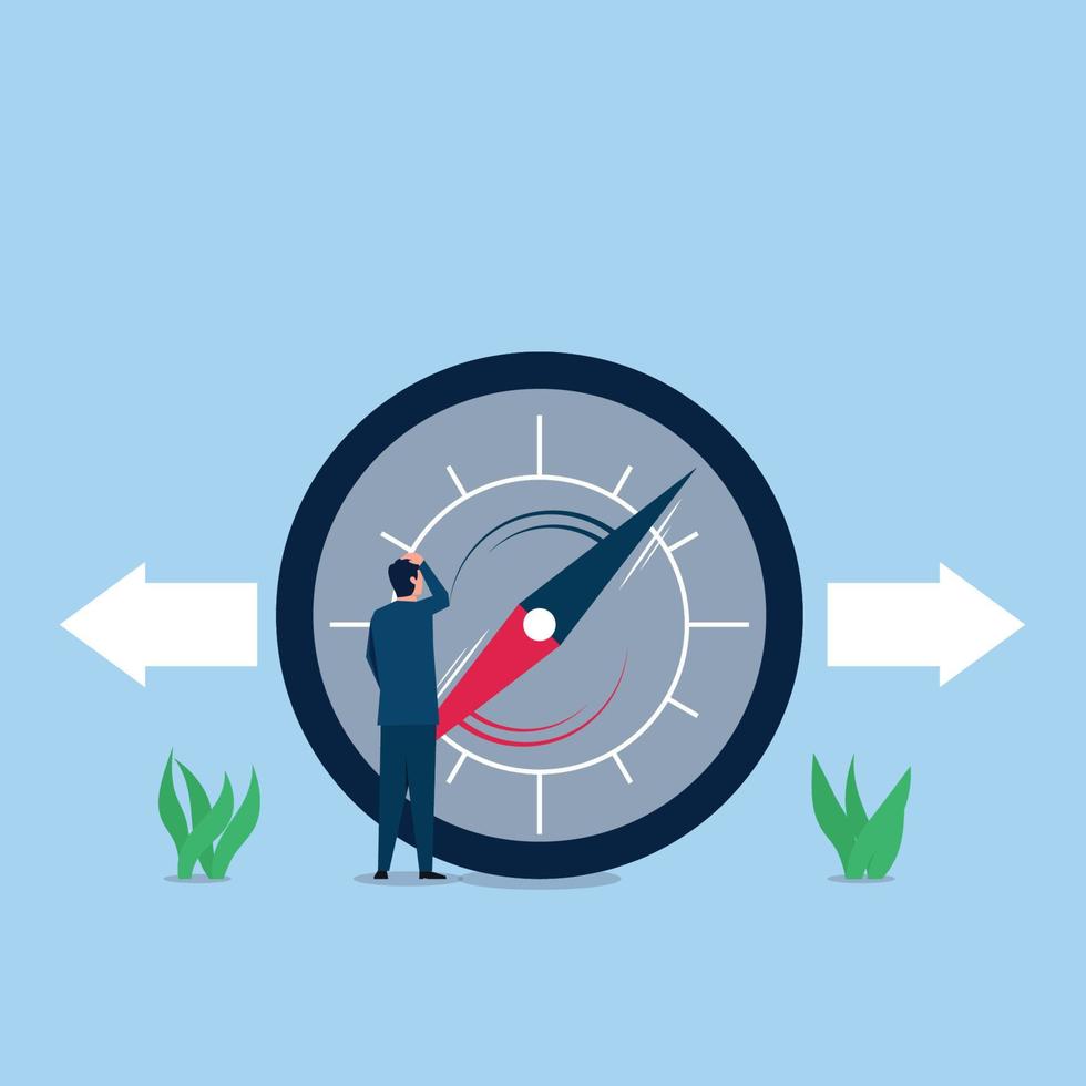 Businessman confuses to follow the compass direction. vector