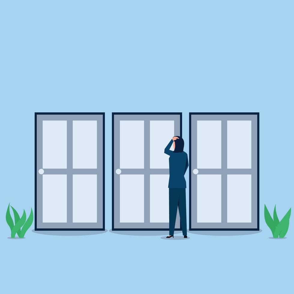 Businessman confuses to choose the doors. vector