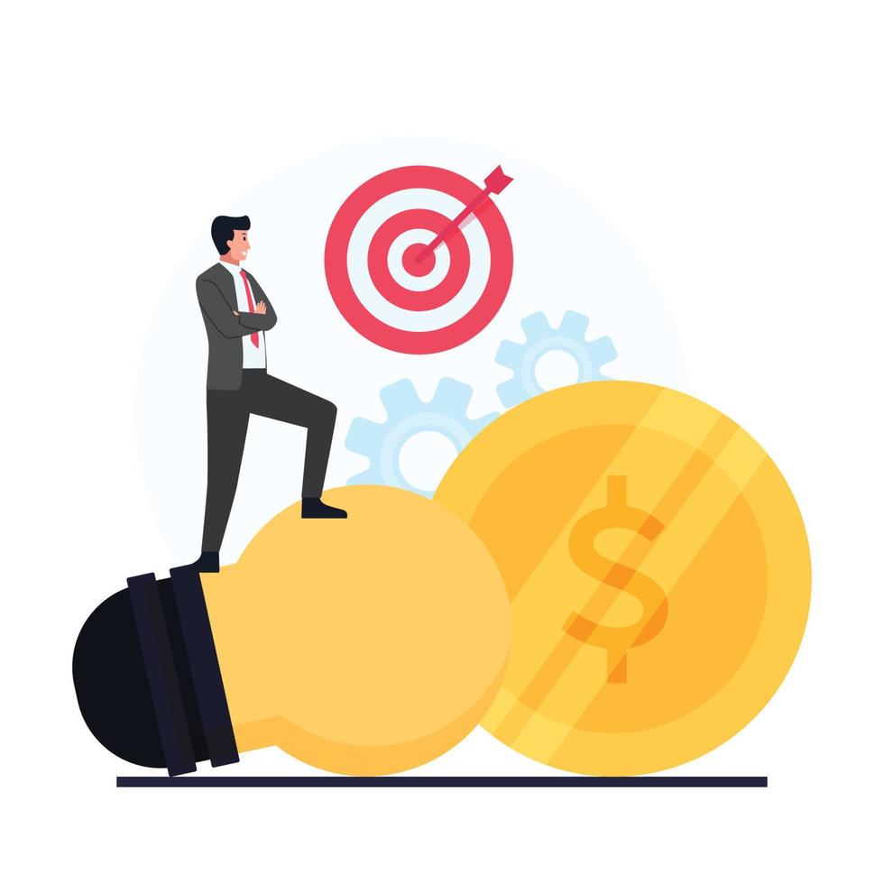 Businessman stand above big bulb see the target and coin. vector