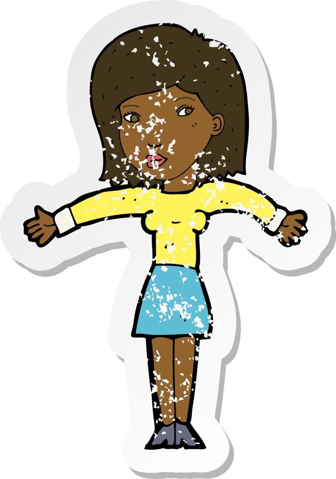 retro distressed sticker of a cartoon woman shrugging shoulders vector