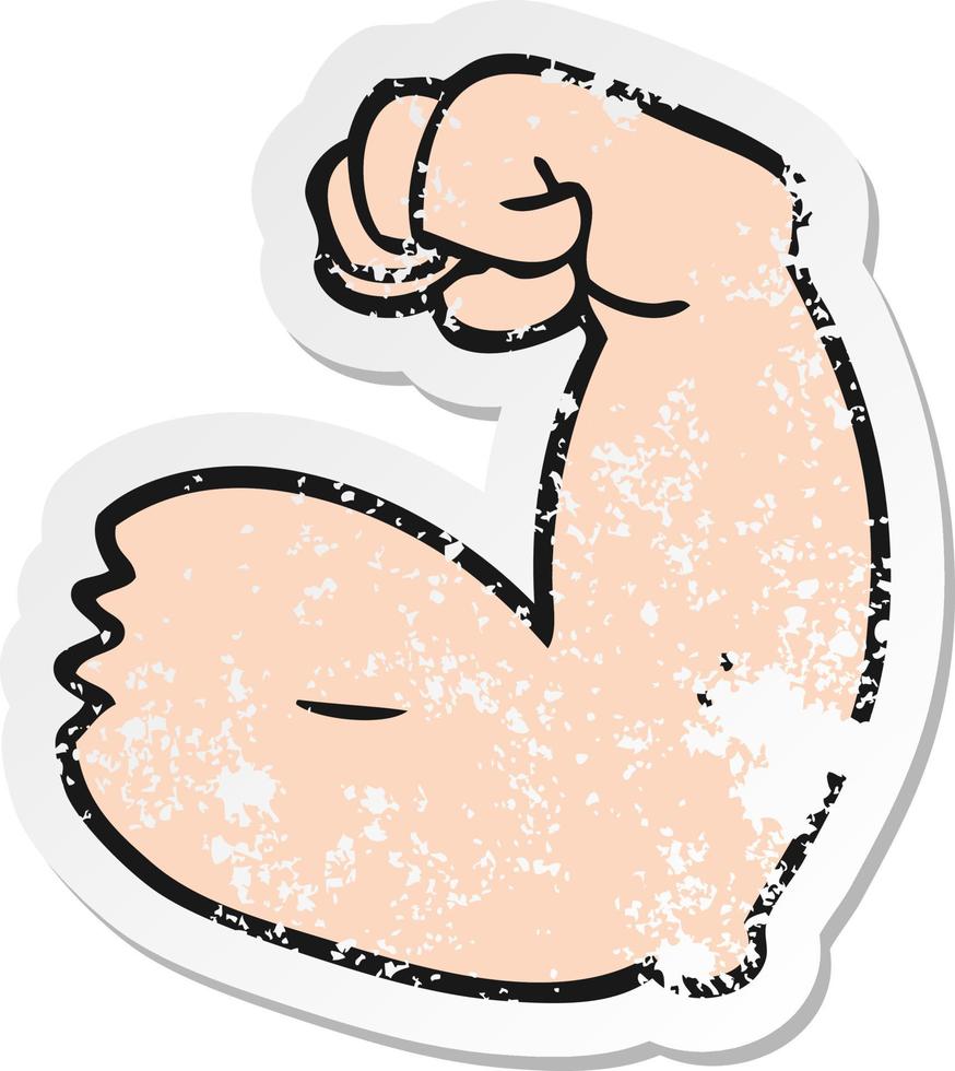 retro distressed sticker of a cartoon strong arm flexing bicep vector