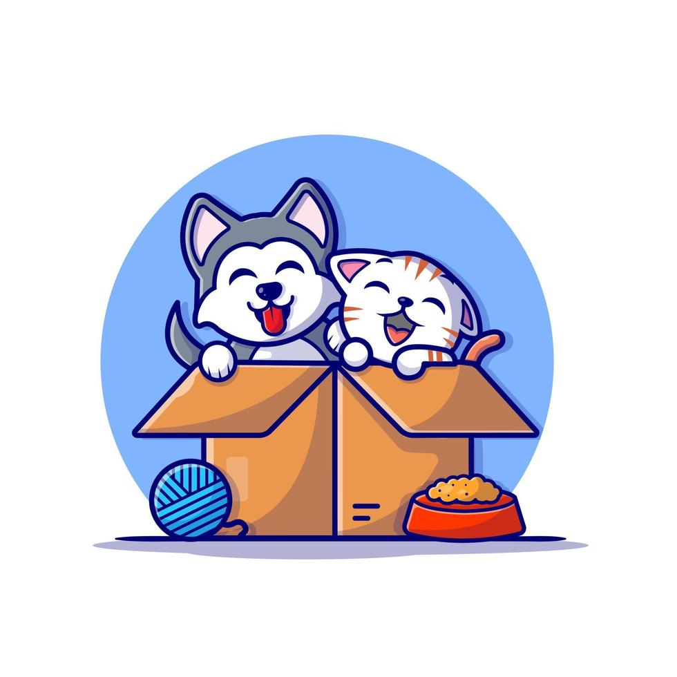 lindo perro husky con gato en la ilustración de icono de vector de dibujos animados de caja. concepto de icono de naturaleza animal vector premium aislado. estilo de dibujos animados plana