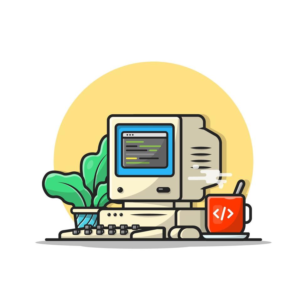 escritorio de computadora antiguo con ilustración de icono de vector de dibujos animados de café y planta. concepto de icono de bebida de tecnología vector premium aislado. estilo de dibujos animados plana