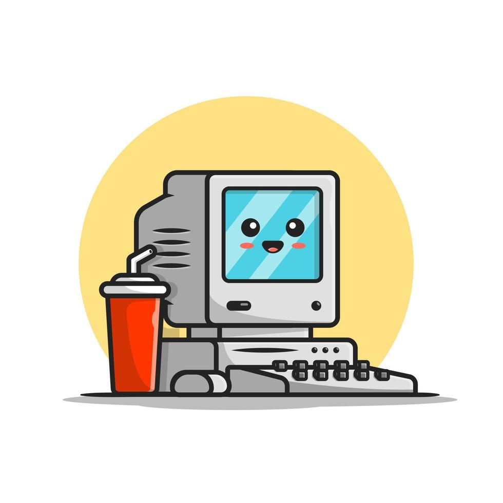 lindo escritorio de computadora antiguo con ilustración de icono de vector de dibujos animados de café. concepto de icono de bebida de tecnología vector premium aislado. estilo de dibujos animados plana