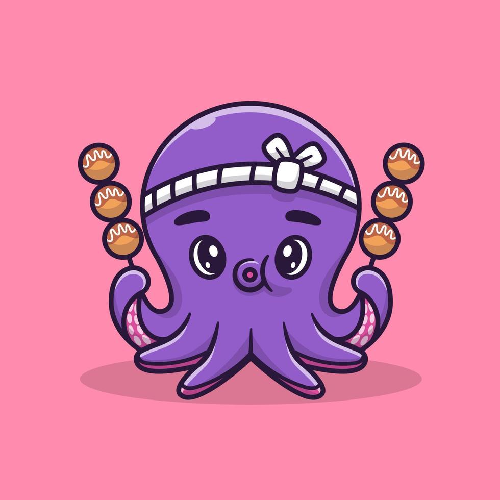 Cute Octopus With Takoyaki Cartoon Vector Icon Illustration.  Animal Food Icon Concept Isolated Premium Vector. Flat  Cartoon Style