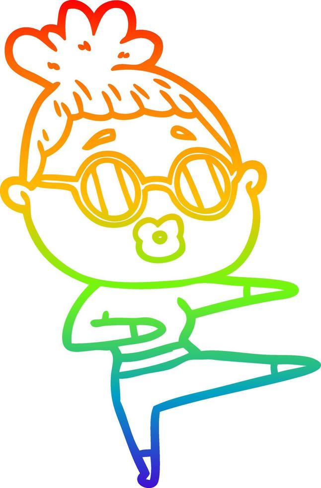 rainbow gradient line drawing cartoon dancing woman wearing sunglasses vector