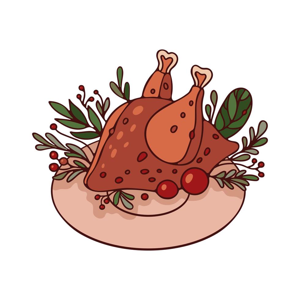 Roasted Thanksgiving turkey on plate with fruit, leaves and berries. Colorful vector illustration for design greeting card on Thanksgiving Day.