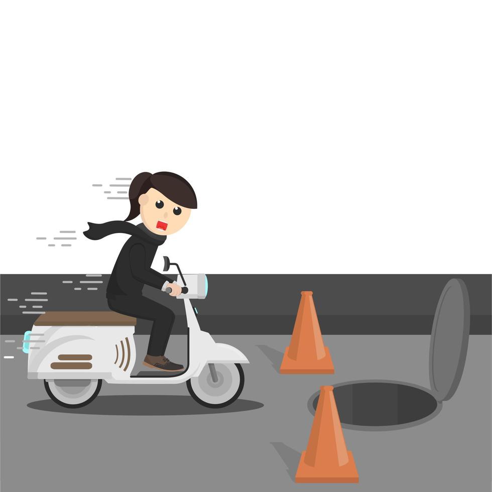 business woman panic because open sewer hole vector