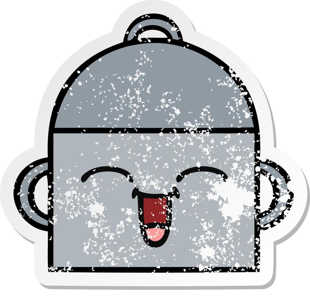 distressed sticker of a cute cartoon cooking pot vector