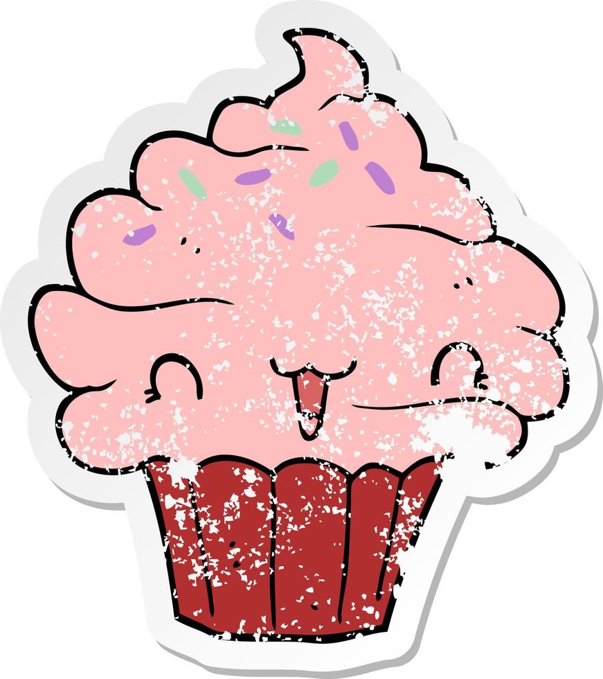 distressed sticker of a cute cartoon frosted cupcake vector