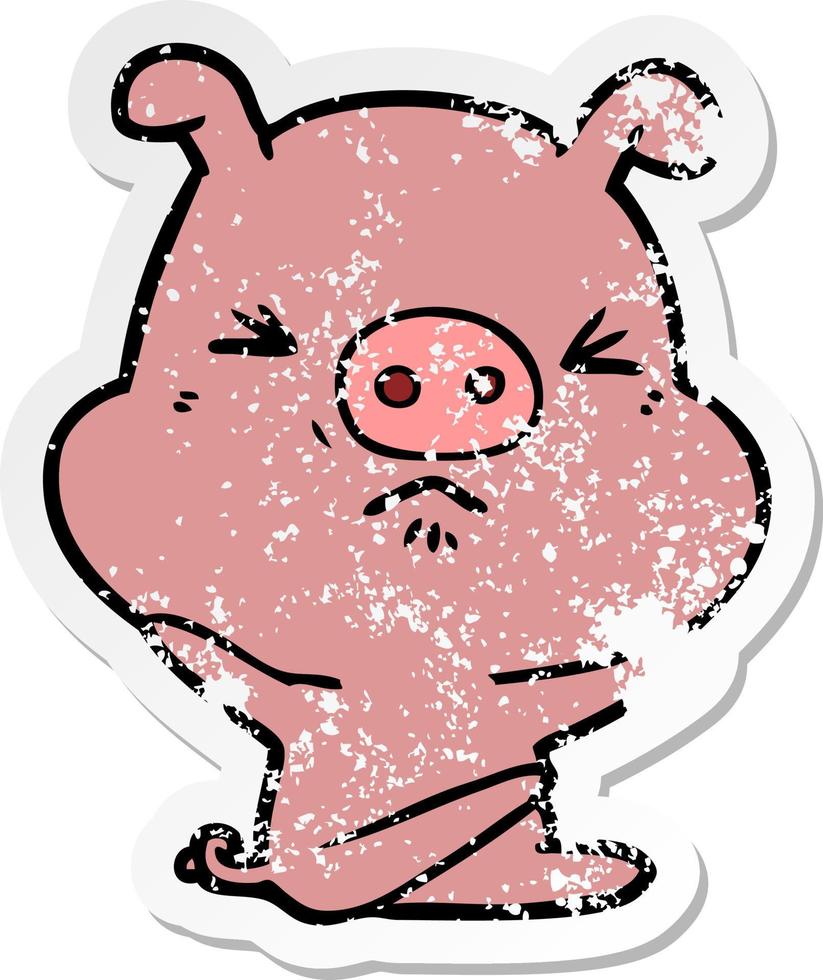 distressed sticker of a cartoon angry pig vector