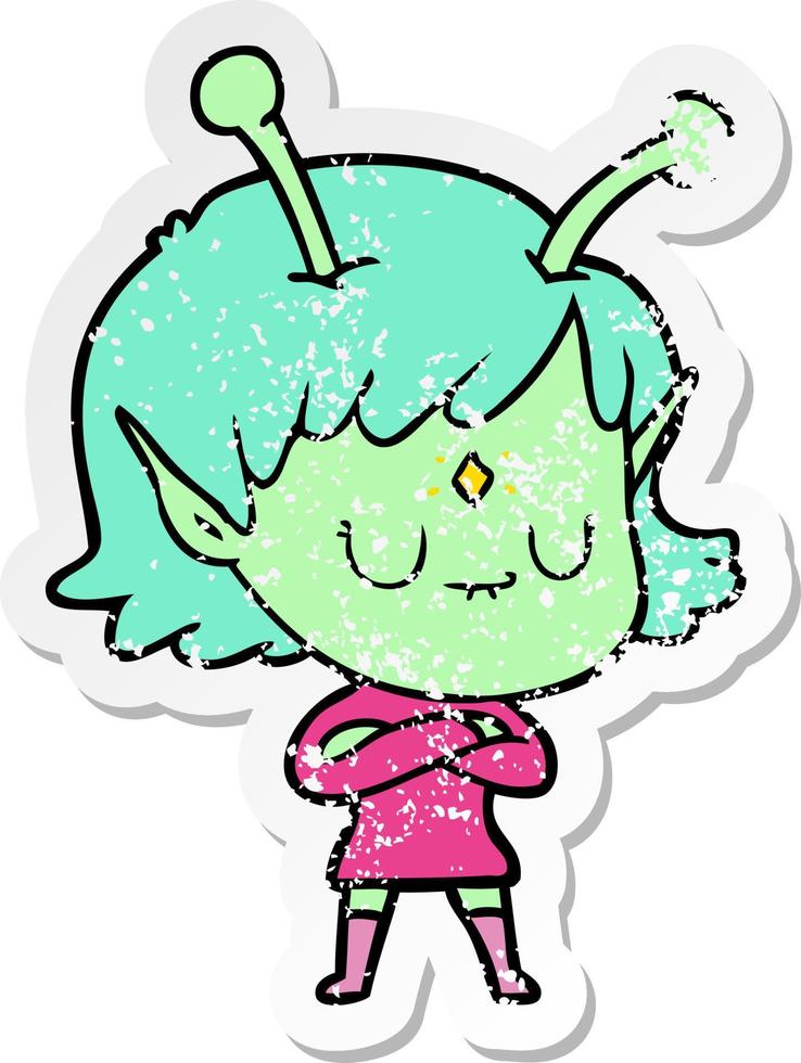 distressed sticker of a cartoon alien girl vector