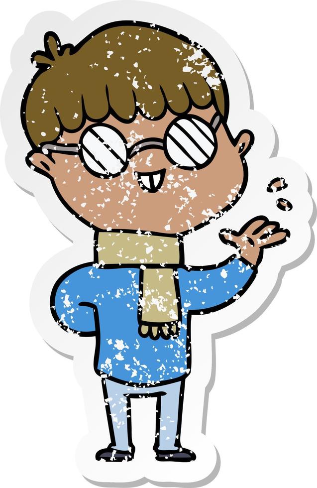 distressed sticker of a cartoon boy wearing spectacles vector